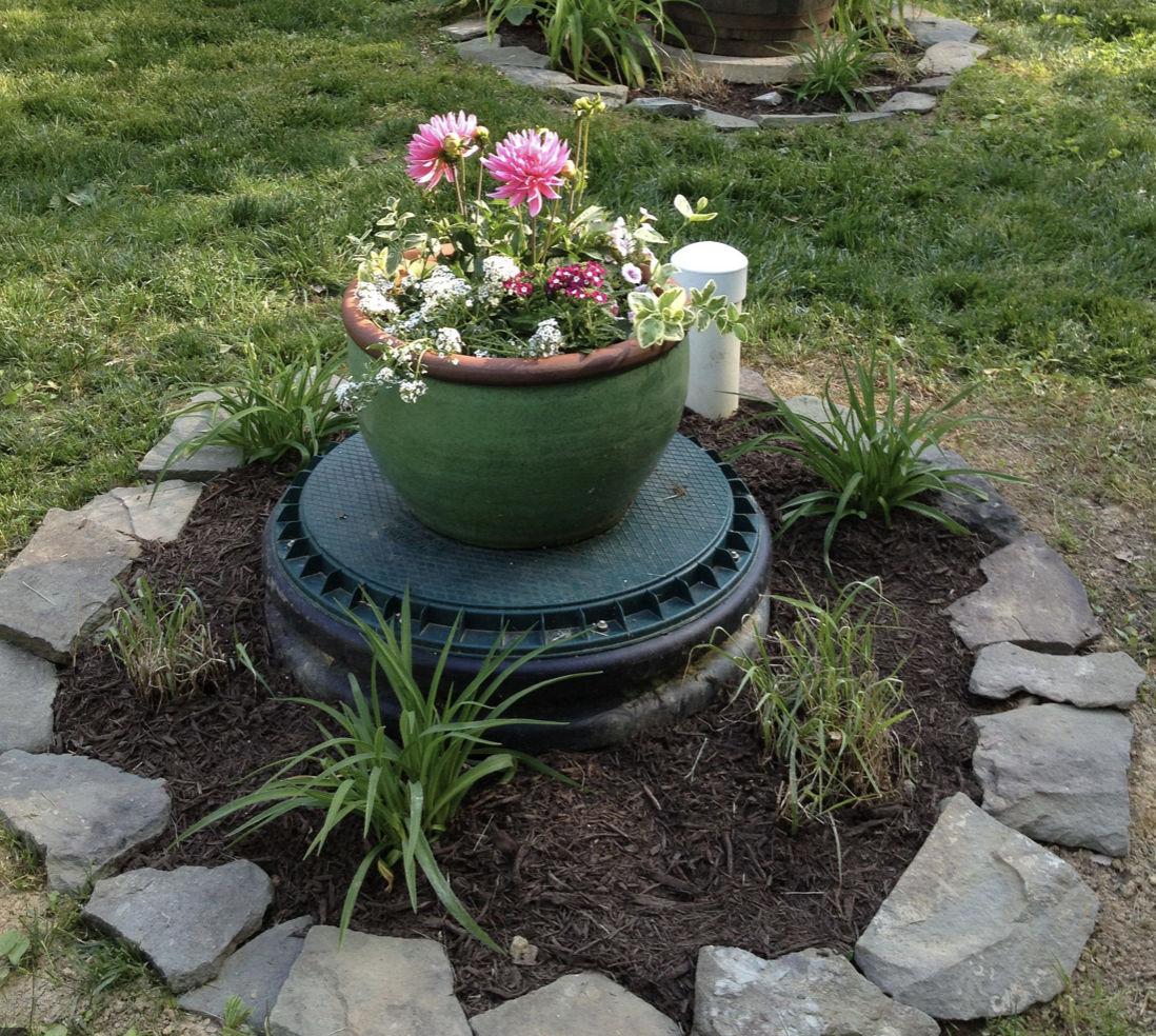 Decorative landscaping around access portal